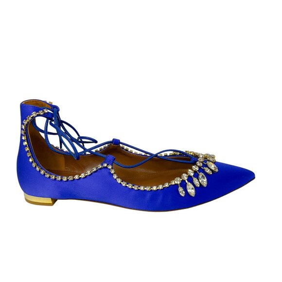 Aquazzura Royal Blue Crystal Embellished Satin Christy Jewel Flat - Picture 2 of 8